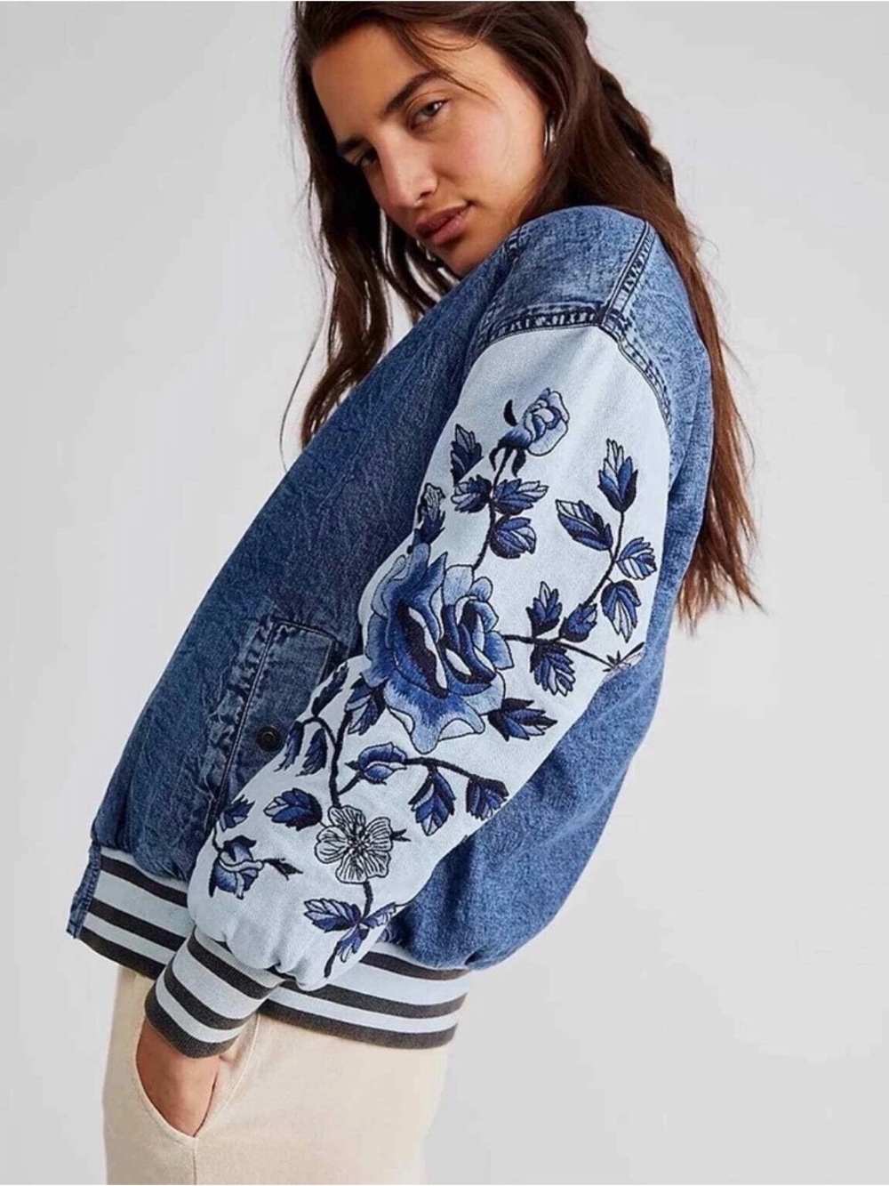 We The Free Blue Embroidered Denim Bomber Jacket